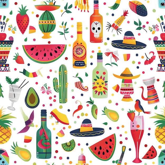 Photo cute colorful mexican fiesta pattern with tequila bottles and pinata