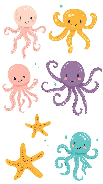 Cute Colorful Octopuses and Starfish Illustration