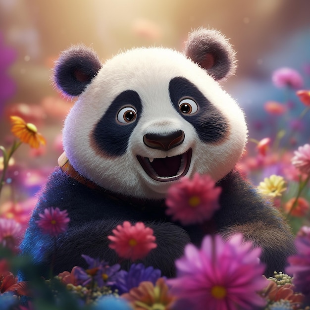 Cute colorful panda bear smiling flower garden images Generative AI