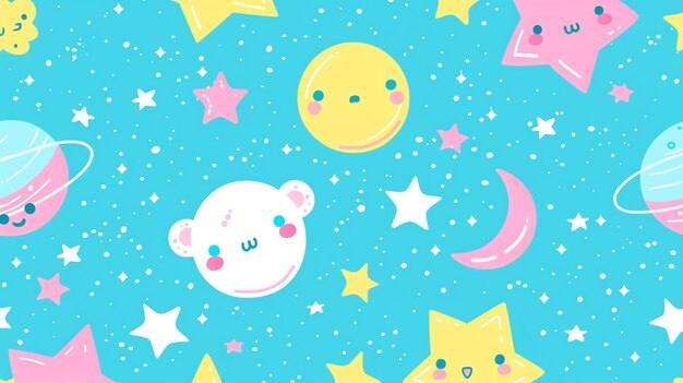 A cute and colorful seamless pattern featuring smiling stars planets and moons Great for kids rooms nurseries and other fun projects