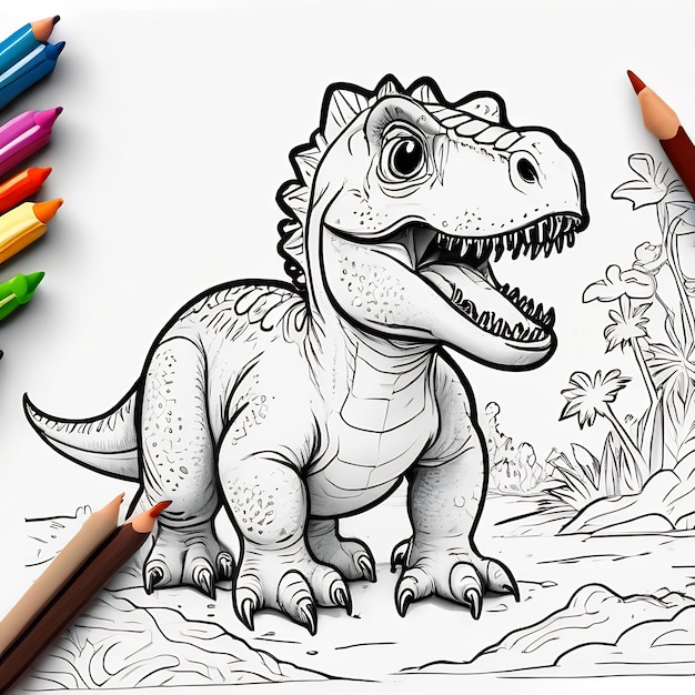 Photo cute coloring book with dinosaur cute character dinosaur colored pencil art dinosaur illustration