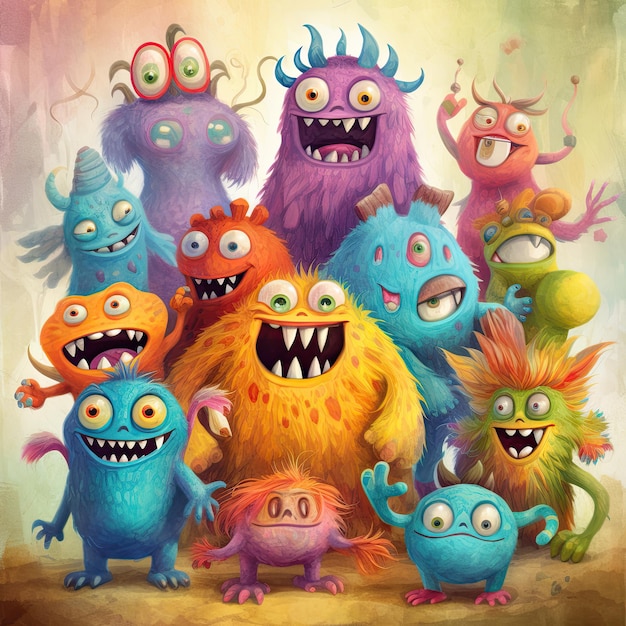 Cute and Colourful Little Monsters Party A Comical Cartoon Illustration of Animal Furry Toys