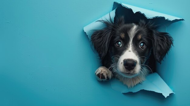 Photo cute companion dog peeking through a hole