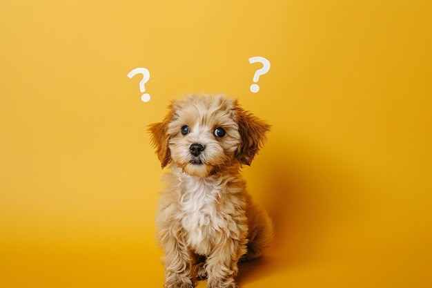 Cute Confused Little Dog Surrounded by Question Marks for Creative Projects