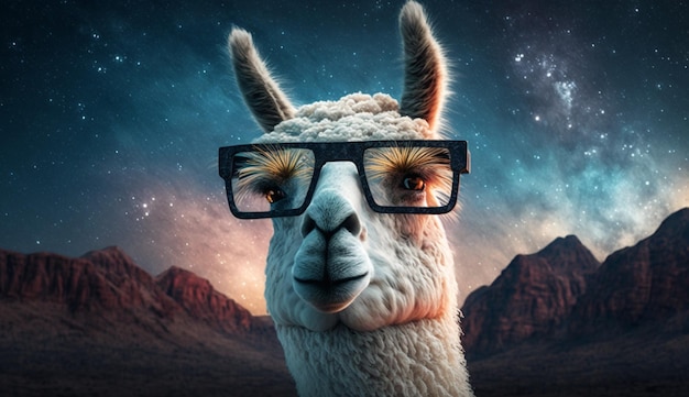 Cute Cool Llama Alpaca Wearing Glasses looking fantasy sky