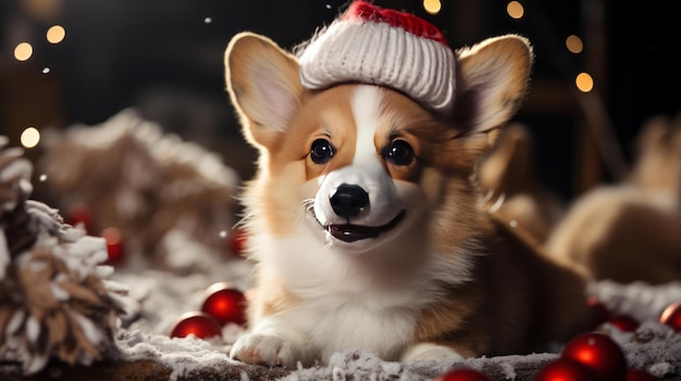 Cute corgi dog in a new year039s red hat holiday card for the new year