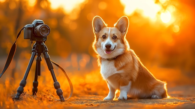 A cute corgi dog posing for the camera with professional equipment in an outdoor