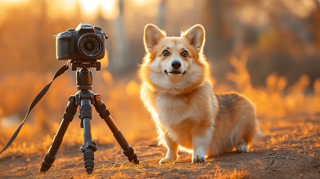 A cute corgi dog posing for the camera with professional equipment in an outdoor