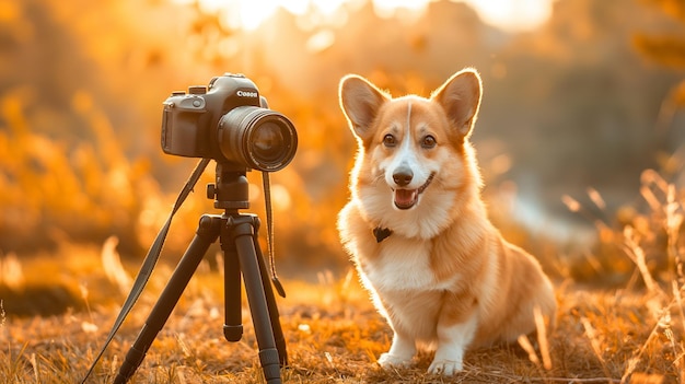 A cute corgi dog posing for the camera with professional equipment in an outdoor