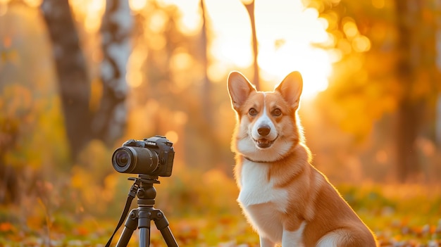 A cute corgi dog posing for the camera with professional equipment in an outdoor