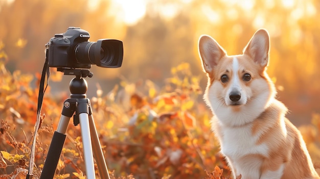 A cute corgi dog posing for the camera with professional equipment in an outdoor