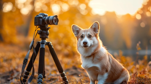 A cute corgi dog posing for the camera with professional equipment in an outdoor