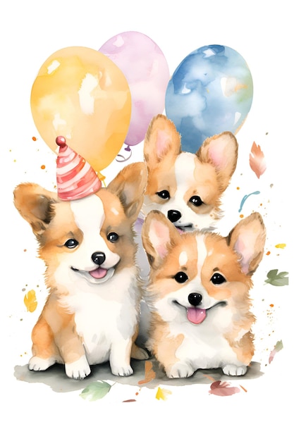 Cute corgi dogs with air colored balloons watercolor Generative AI 2