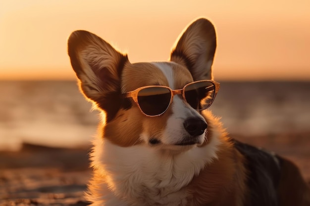 Cute corgi in sunglasses at the beach sunset light generative ai