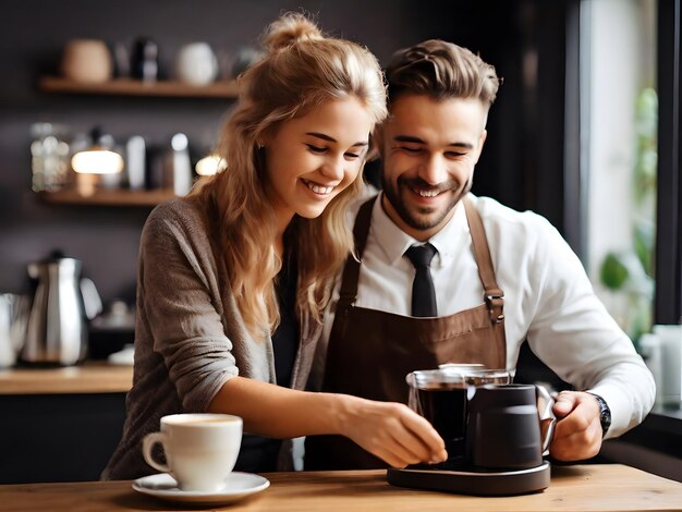 A cute couple making coffee on the coffee shop