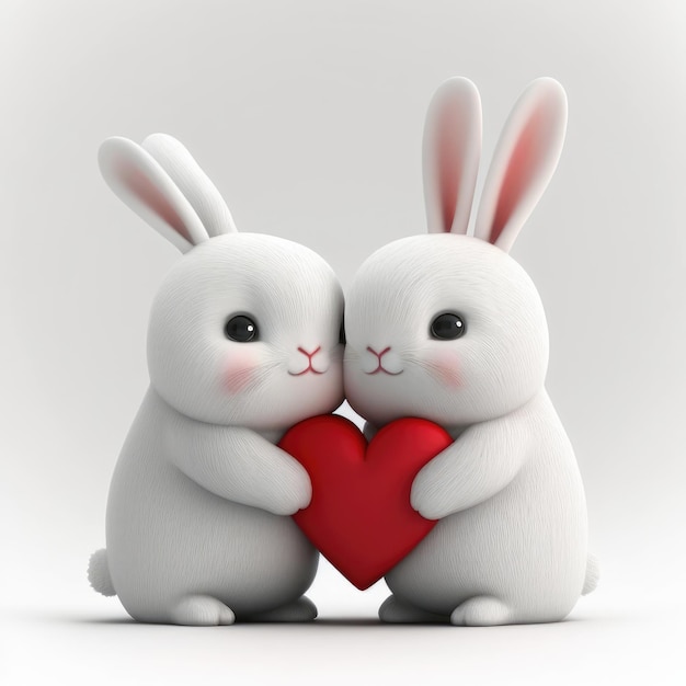 Cute couple of rabbits in love on a white background Generative AI