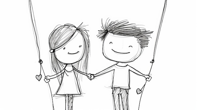 Photo cute couple sketch love and happiness in a simple drawing