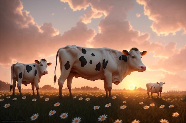 Cute cow on green lawn with daisies at sunset Large animal on walk on green grass with wild flowers chamomiles