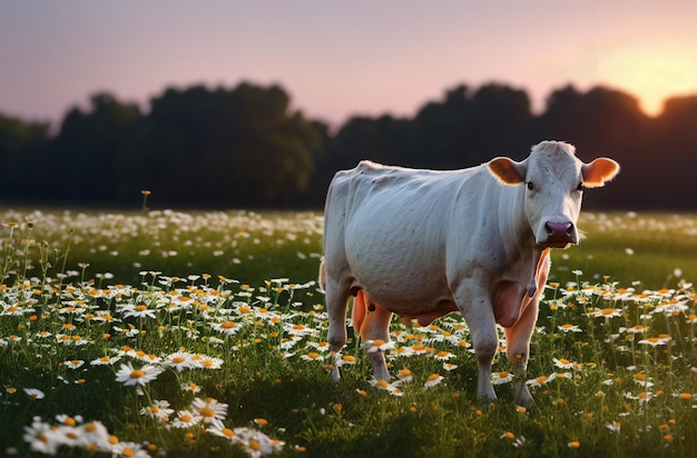 Cute cow on green lawn with daisies at sunset Large animal on walk on green grass with wild flowers chamomiles