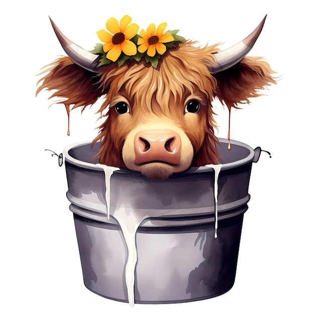 Cute Cow Highland In Bucket Clipart Illustration