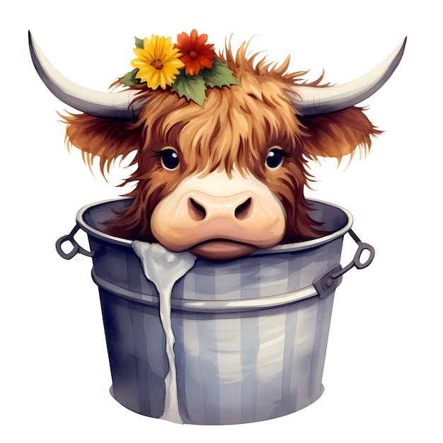 Cute Cow Highland In Bucket Clipart Illustration