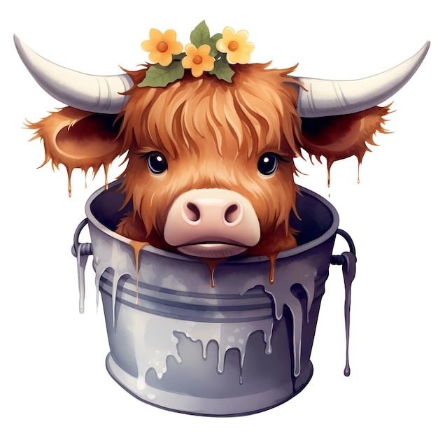 Cute Cow Highland In Bucket Clipart Illustration