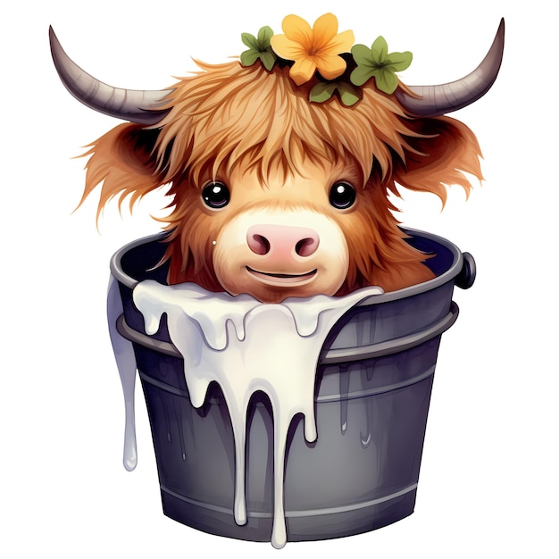 Cute Cow Highland In Bucket Clipart Illustration