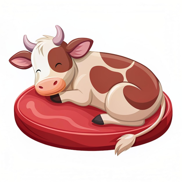 Photo cute cow sleeping on beef steak cartoon vector icon illustration animal food icon concept isolated premium vector flat cartoon style