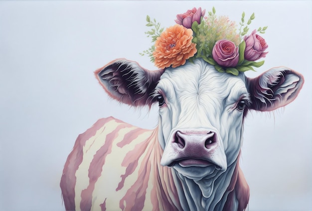 cute cow wearing flower hat in soft backgroundai generated