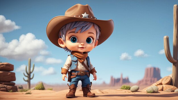 Photo cute cowboy boy in the desert 3d illustration cartoon character