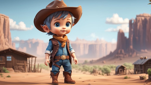 Photo cute cowboy boy in the desert 3d render illustration