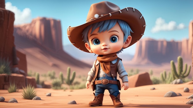 Photo cute cowboy boy in the desert 3d rendering illustration