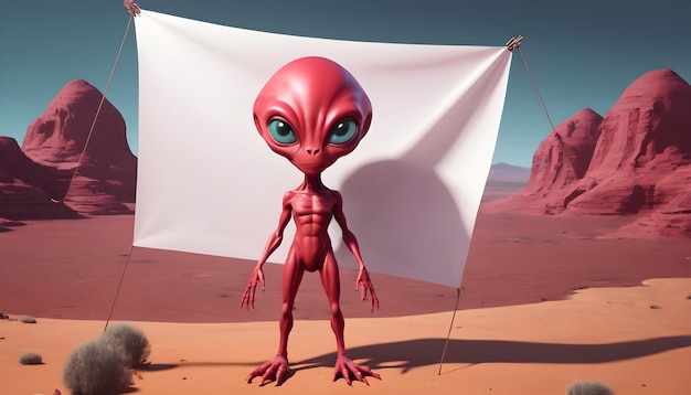 Photo a cute crimson alien specie holding a empty banner firlmy by its hands