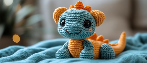 A cute crocheted dinosaur toy sits on a soft blue surface