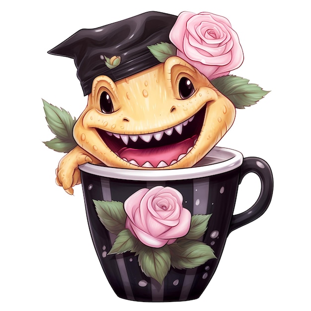 Cute Crocodile Coffee Cup Watercolor Clipart Illustration