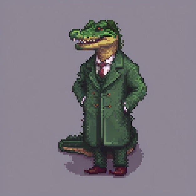 Photo cute crocodile in a green coat and tie pixel art style