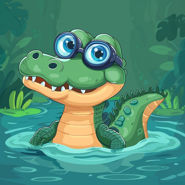 Cute Crocodile Swimming on River with Goggles Cartoon