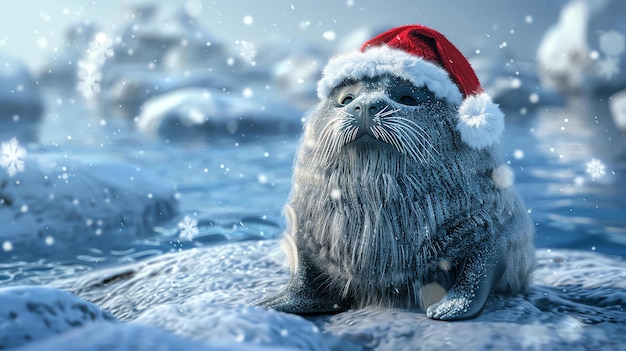 A cute and cuddly seal wearing a red Santa hat is sitting on an ice floe in the Arctic