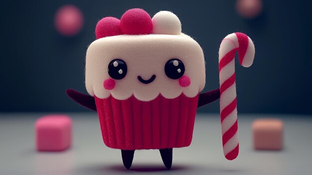 Photo cute cupcake character holding candy cane