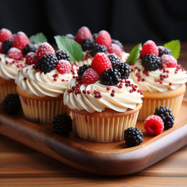 Cute cupcake with berry fruit decoration on wooden plate