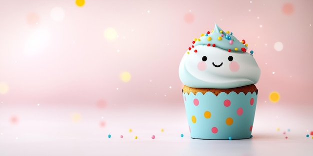 Cute cupcake with blue frosting smiling face colorful toppings and vibrant patterned liner for