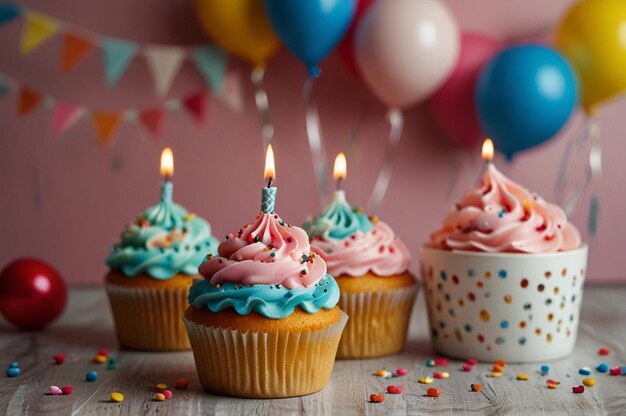 Cute cupcakes and birthday decorations