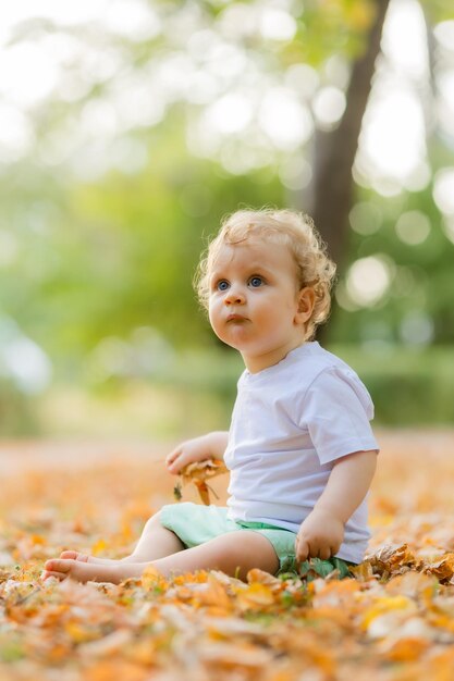 Cute curly blond baby sitting on the grass in autumn