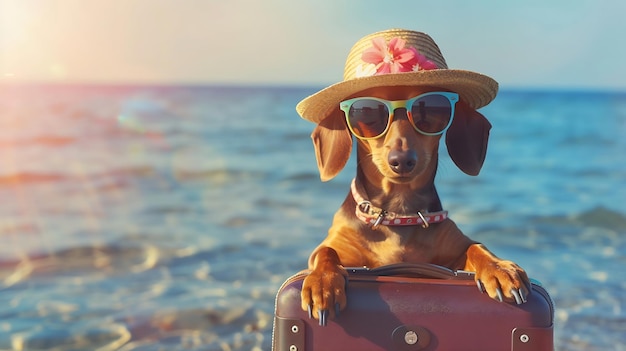 cute dachshund dog on a trip a dachshund dog in sunglasses a straw hat and summer cl Generative AI