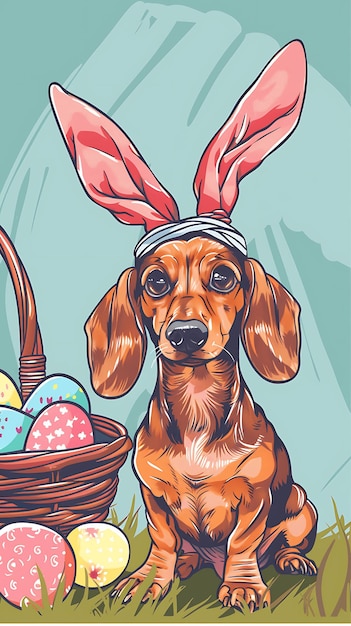 Cute dachshund dog with Easter bunny earsbasketcandyeggshappy Easter Dachshund portrait Dogs