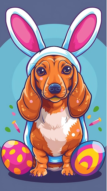 Cute dachshund dog with Easter bunny earsbasketcandyeggshappy Easter Dachshund portrait Dogs