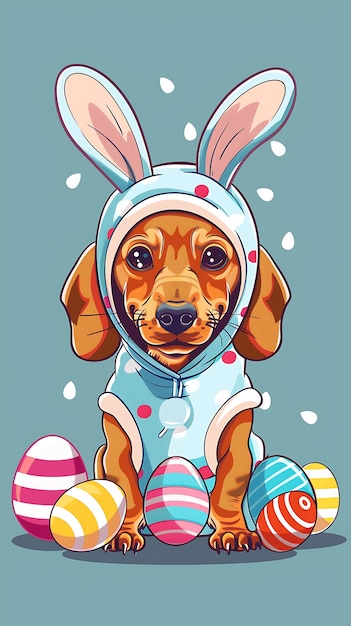 Cute dachshund dog with Easter bunny earsbasketcandyeggshappy Easter Dachshund portrait Dogs