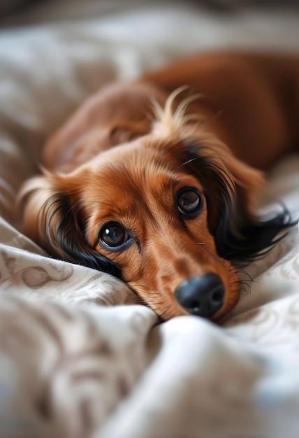 Cute Dachshund Puppy Lying Purebred On Comfy Bed