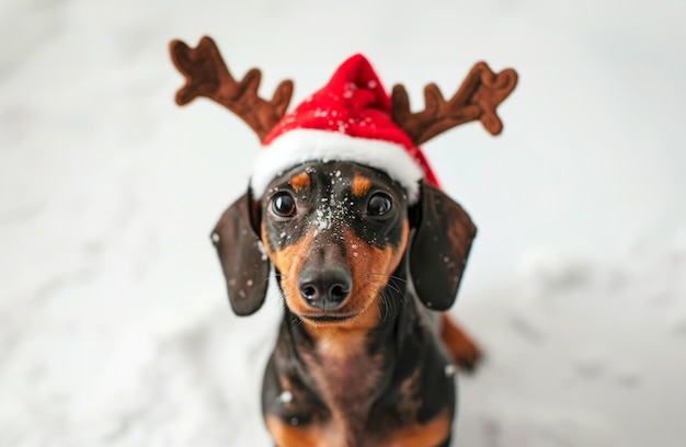 Photo cute dachshund puppy wearing a santa hat with reindeer antlers on a cozy background concept of holiday pet christmas costume festive dog winter celebration