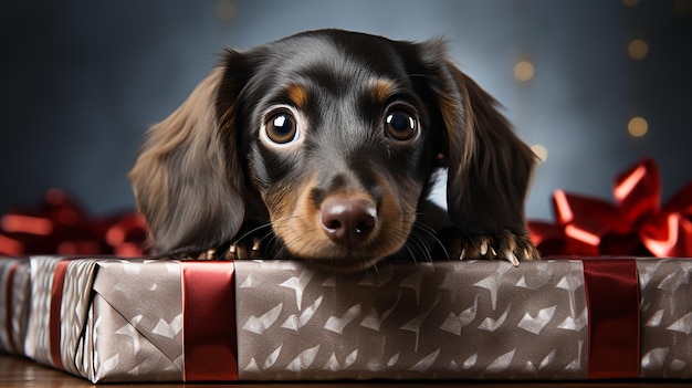 A Cute Dachshund in a Santa Hat Peeks Out of a Gift